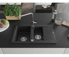Granitinė virtuvinė plautuvė Mexen Gaspar su maišytuvu ir sifonu, Metallic juodas/sidabrinis+Chrome