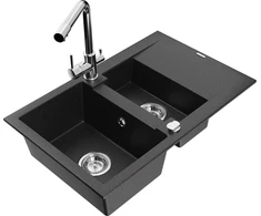 Granitinė virtuvinė plautuvė Mexen Gaspar su maišytuvu ir sifonu, Metallic juodas/sidabrinis+Chrome