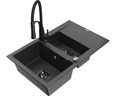 Granitinė virtuvinė plautuvė Mexen Gaspar su maišytuvu ir sifonu, Juodas granite+Juodas