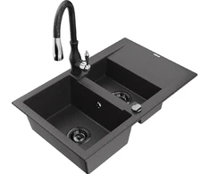Granitinė virtuvinė plautuvė Mexen Gaspar su maišytuvu ir sifonu, Juodas granite+Juodas