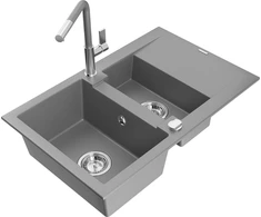 Granitinė virtuvinė plautuvė Mexen Gaspar su maišytuvu ir sifonu, Pilkas+Pilkas/Chrome