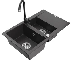 Granitinė virtuvinė plautuvė Mexen Gaspar su maišytuvu ir sifonu, Juodas granite+Juodas