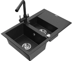 Granitinė virtuvinė plautuvė Mexen Gaspar su maišytuvu ir sifonu, Metallic juodas/sidabrinis+Juodas