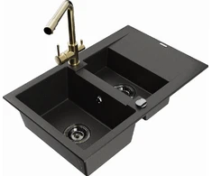 Granitinė virtuvinė plautuvė Mexen Gaspar su maišytuvu ir sifonu, Metallic juodas/auksinis+Gold