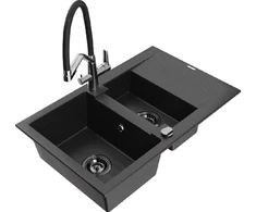 Granitinė virtuvinė plautuvė Mexen Gaspar su maišytuvu ir sifonu, Metallic juodas/sidabrinis+Juodas/Chrome
