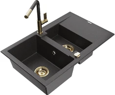 Granitinė virtuvinė plautuvė Mexen Gaspar su maišytuvu ir sifonu, Juodas granite+Juodas granite/Gold