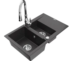 Granitinė virtuvinė plautuvė Mexen Gaspar su maišytuvu ir sifonu, Juodas granite+Chrome