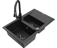 Granitinė virtuvinė plautuvė Mexen Gaspar su maišytuvu ir sifonu, Metallic juodas/sidabrinis+Juodas