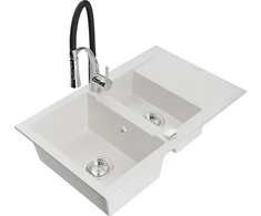 Granitinė virtuvinė plautuvė Mexen Gaspar su maišytuvu ir sifonu, Baltas+Juodas/Chrome
