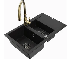 Granitinė virtuvinė plautuvė Mexen Gaspar su maišytuvu ir sifonu, Juodas+Gold