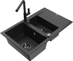 Granitinė virtuvinė plautuvė Mexen Gaspar su maišytuvu ir sifonu, Metallic juodas/sidabrinis+Juodas