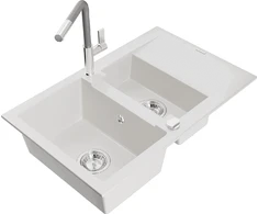 Granitinė virtuvinė plautuvė Mexen Gaspar su maišytuvu ir sifonu, Baltas+Pilkas/Chrome