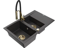Granitinė virtuvinė plautuvė Mexen Gaspar su maišytuvu ir sifonu, Juodas granite+Juodas/Gold