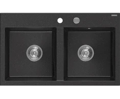Granitinė virtuvinė plautuvė Mexen Hektor su sifonu, Metallic juodas/sidabrinis+Chrome, 800 x 480 mm