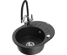 Granitinė virtuvinė plautuvė Mexen Kevin su maišytuvu ir sifonu, Metallic juodas/sidabrinis+Juodas/Chrome
