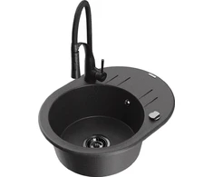 Granitinė virtuvinė plautuvė Mexen Kevin su maišytuvu ir sifonu, Juodas granite+Juodas
