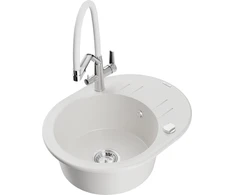 Granitinė virtuvinė plautuvė Mexen Kevin su maišytuvu ir sifonu, Baltas+Baltas/Chrome
