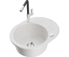 Granitinė virtuvinė plautuvė Mexen Kevin su maišytuvu ir sifonu, Baltas+Juodas/Chrome