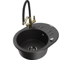 Granitinė virtuvinė plautuvė Mexen Kevin su maišytuvu ir sifonu, Metallic juodas/sidabrinis+Juodas/Gold