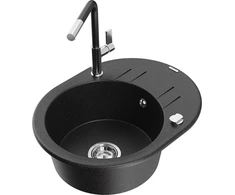 Granitinė virtuvinė plautuvė Mexen Kevin su maišytuvu ir sifonu, Metallic juodas/sidabrinis+Juodas/Chrome