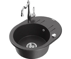 Granitinė virtuvinė plautuvė Mexen Kevin su maišytuvu ir sifonu, Juodas granite+Chrome