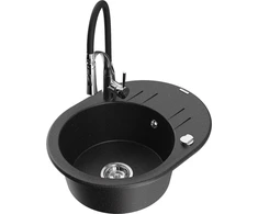 Granitinė virtuvinė plautuvė Mexen Kevin su maišytuvu ir sifonu, Metallic juodas/sidabrinis+Juodas/Chrome