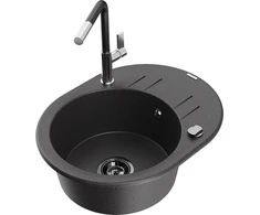 Granitinė virtuvinė plautuvė Mexen Kevin su maišytuvu ir sifonu, Juodas granite+Juodas/Chrome