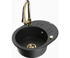 Granitinė virtuvinė plautuvė Mexen Kevin su maišytuvu ir sifonu, Metallic juodas/sidabrinis+Gold