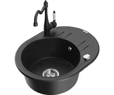 Granitinė virtuvinė plautuvė Mexen Kevin su maišytuvu ir sifonu, Metallic juodas/sidabrinis+Juodas