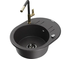 Granitinė virtuvinė plautuvė Mexen Kevin su maišytuvu ir sifonu, Juodas granite+Juodas granite/Gold