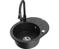 Granitinė virtuvinė plautuvė Mexen Kevin su maišytuvu ir sifonu, Metallic juodas/sidabrinis+Juodas