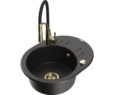 Granitinė virtuvinė plautuvė Mexen Kevin su maišytuvu ir sifonu, Metallic juodas/auksinis+Juodas/Gold
