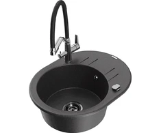 Granitinė virtuvinė plautuvė Mexen Kevin su maišytuvu ir sifonu, Juodas granite+Juodas/Chrome