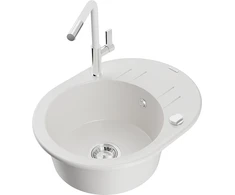 Granitinė virtuvinė plautuvė Mexen Kevin su maišytuvu ir sifonu, Baltas+Baltas/Chrome