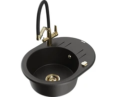 Granitinė virtuvinė plautuvė Mexen Kevin su maišytuvu ir sifonu, Metallic juodas/auksinis+Juodas/Gold
