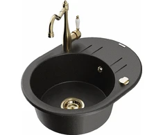 Granitinė virtuvinė plautuvė Mexen Kevin su maišytuvu ir sifonu, Metallic juodas/auksinis+Gold