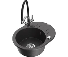 Granitinė virtuvinė plautuvė Mexen Kevin su maišytuvu ir sifonu, Juodas granite+Juodas/Chrome