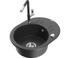 Granitinė virtuvinė plautuvė Mexen Kevin su maišytuvu ir sifonu, Juodas granite+Juodas/Chrome