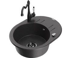 Granitinė virtuvinė plautuvė Mexen Kevin su maišytuvu ir sifonu, Juodas granite+Juodas