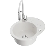 Granitinė virtuvinė plautuvė Mexen Kevin su maišytuvu ir sifonu, Baltas+Baltas/Chrome