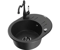 Granitinė virtuvinė plautuvė Mexen Kevin su maišytuvu ir sifonu, Metallic juodas/sidabrinis+Juodas