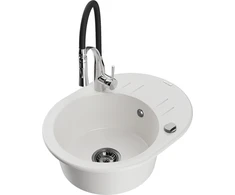 Granitinė virtuvinė plautuvė Mexen Kevin su maišytuvu ir sifonu, Baltas+Juodas/Chrome