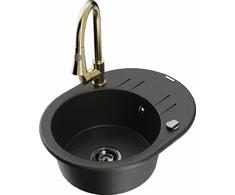 Granitinė virtuvinė plautuvė Mexen Kevin su maišytuvu ir sifonu, Metallic juodas/auksinis+Gold