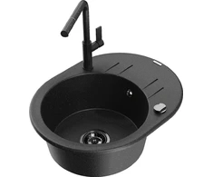 Granitinė virtuvinė plautuvė Mexen Kevin su maišytuvu ir sifonu, Metallic juodas/sidabrinis+Juodas