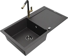 Granitinė virtuvinė plautuvė Mexen Leo su maišytuvu ir sifonu, Juodas granite+Juodas/Gold