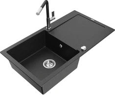 Granitinė virtuvinė plautuvė Mexen Leo su maišytuvu ir sifonu, Metallic juodas/sidabrinis+Juodas/Chrome