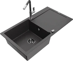 Granitinė virtuvinė plautuvė Mexen Leo su maišytuvu ir sifonu, Juodas granite+Juodas granite/Chrome