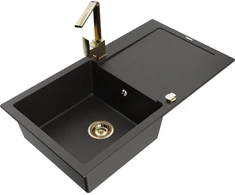 Granitinė virtuvinė plautuvė Mexen Leo su maišytuvu ir sifonu, Metallic juodas/auksinis+Gold