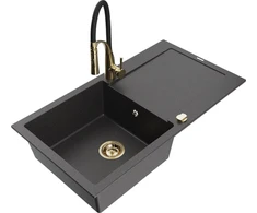 Granitinė virtuvinė plautuvė Mexen Leo su maišytuvu ir sifonu, Juodas granite+Juodas/Gold