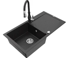 Granitinė virtuvinė plautuvė Mexen Leo su maišytuvu ir sifonu, Metallic juodas/sidabrinis+Juodas